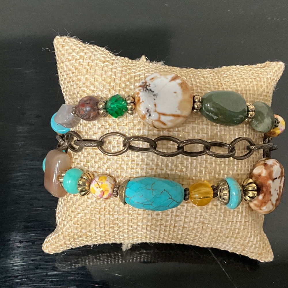Bohemian “ Kelli “ BOHO Bronze 3 Strand Multi Colored Beaded Bracelet